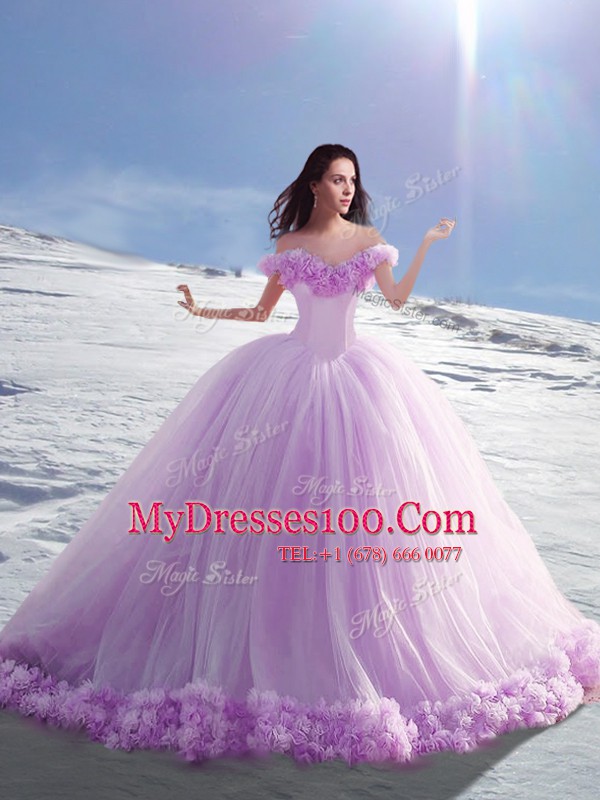 Fantastic Off the Shoulder Ball Gowns Cap Sleeves Lilac Quinceanera Gowns Court Train Lace Up