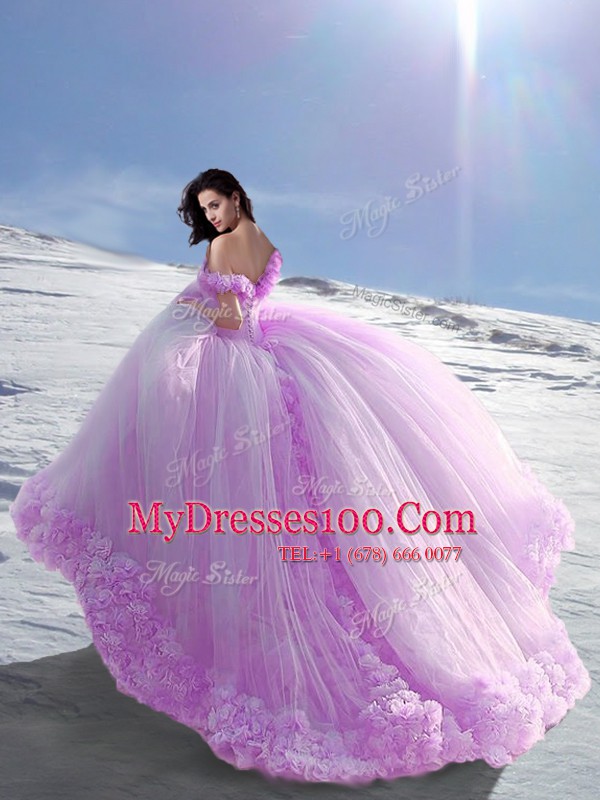 Fantastic Off the Shoulder Ball Gowns Cap Sleeves Lilac Quinceanera Gowns Court Train Lace Up