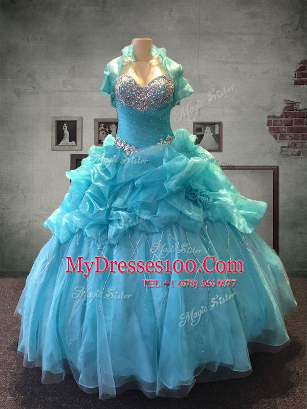 Amazing Sleeveless Organza and Tulle Floor Length Lace Up Quince Ball Gowns in Aqua Blue with Beading and Pick Ups