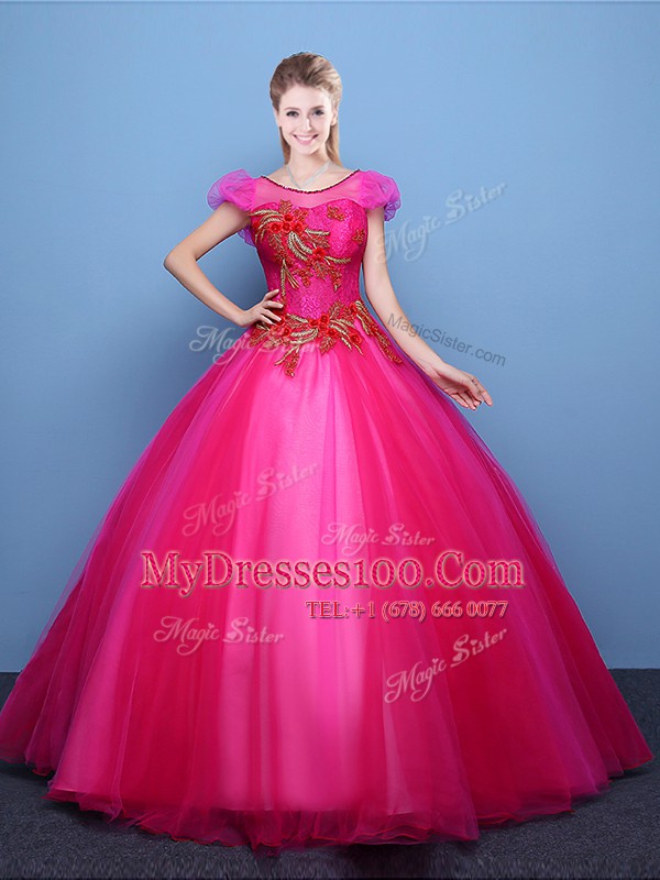 High Class Scoop Hot Pink Short Sleeves Floor Length Appliques Lace Up Sweet 16 Quinceanera Dress