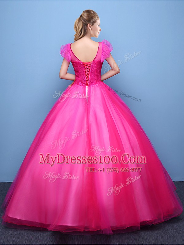 High Class Scoop Hot Pink Short Sleeves Floor Length Appliques Lace Up Sweet 16 Quinceanera Dress