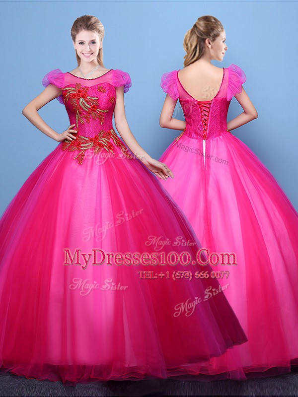 High Class Scoop Hot Pink Short Sleeves Floor Length Appliques Lace Up Sweet 16 Quinceanera Dress