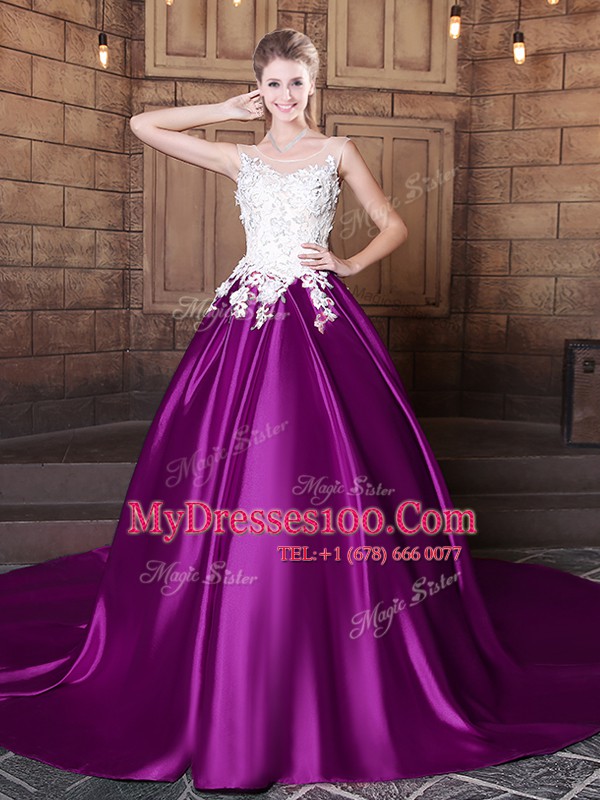 Discount With Train Eggplant Purple Ball Gown Prom Dress Scoop Sleeveless Court Train Lace Up