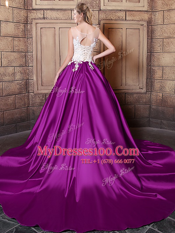 Discount With Train Eggplant Purple Ball Gown Prom Dress Scoop Sleeveless Court Train Lace Up