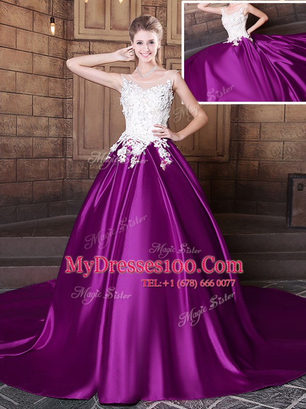 Discount With Train Eggplant Purple Ball Gown Prom Dress Scoop Sleeveless Court Train Lace Up