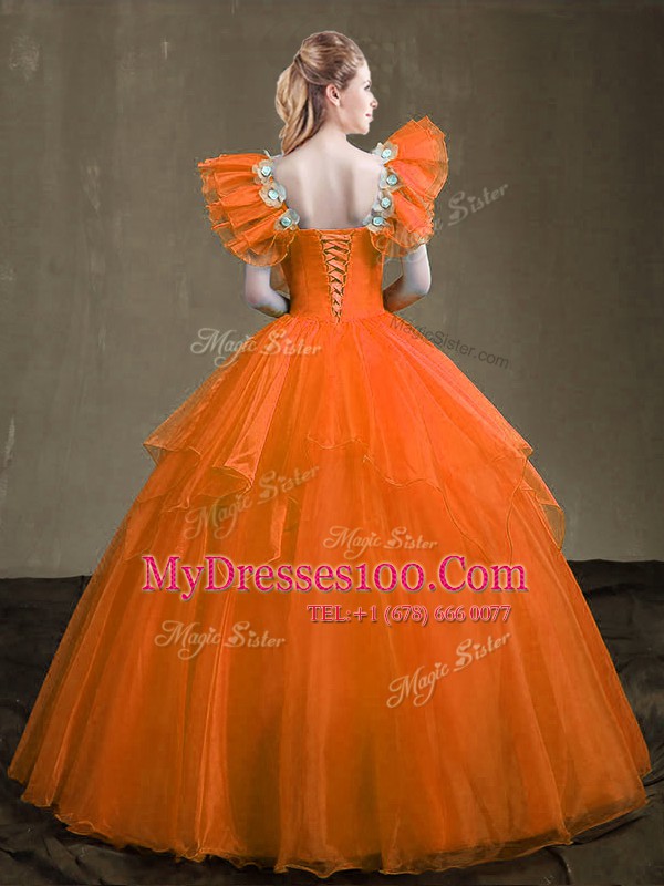 Sleeveless Organza Floor Length Lace Up Quince Ball Gowns in Orange Red with Appliques and Ruffles