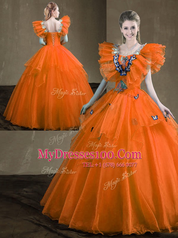 Sleeveless Organza Floor Length Lace Up Quince Ball Gowns in Orange Red with Appliques and Ruffles
