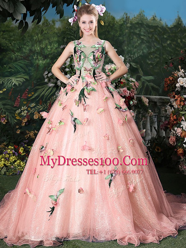 Latest Scoop Baby Pink Sleeveless Brush Train Appliques Quinceanera Gowns