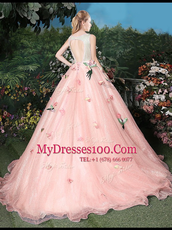 Latest Scoop Baby Pink Sleeveless Brush Train Appliques Quinceanera Gowns