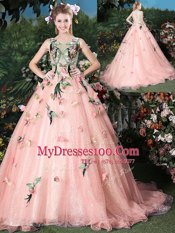 Latest Scoop Baby Pink Sleeveless Brush Train Appliques Quinceanera Gowns