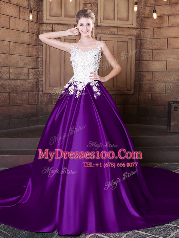 Scoop Sleeveless Sweet 16 Quinceanera Dress Court Train Lace and Appliques Purple Elastic Woven Satin