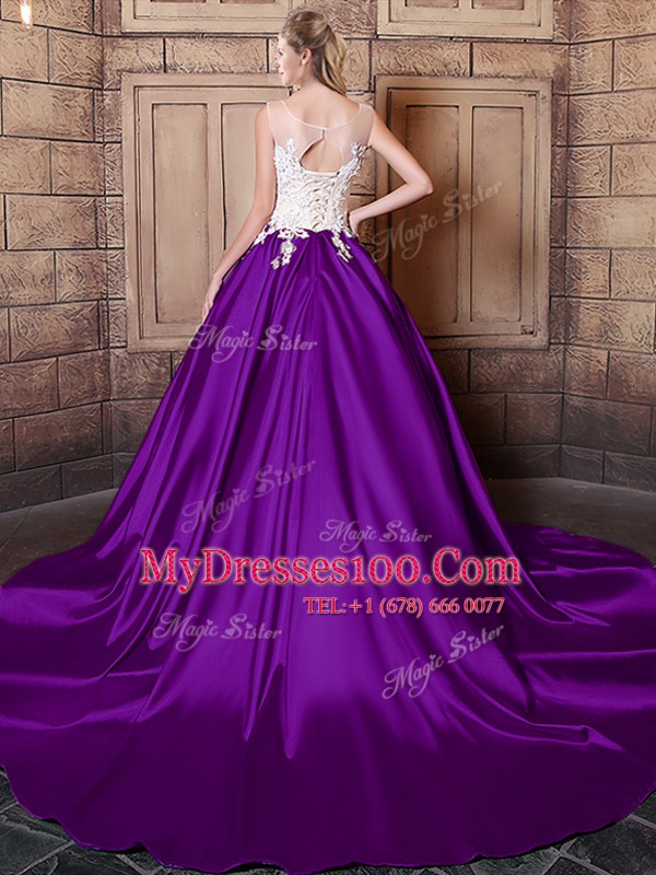 Scoop Sleeveless Sweet 16 Quinceanera Dress Court Train Lace and Appliques Purple Elastic Woven Satin