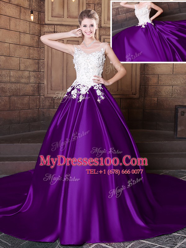 Scoop Sleeveless Sweet 16 Quinceanera Dress Court Train Lace and Appliques Purple Elastic Woven Satin