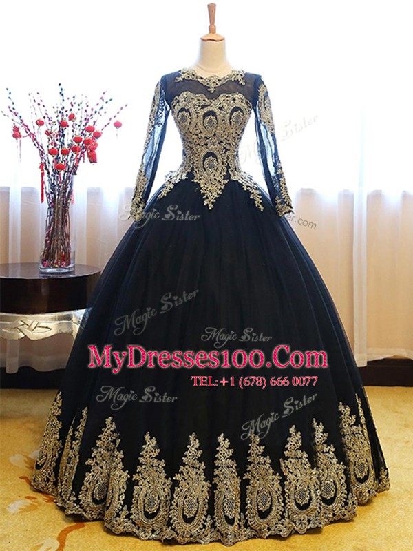 Scoop Navy Blue Sleeveless Floor Length Appliques Lace Up Ball Gown Prom Dress