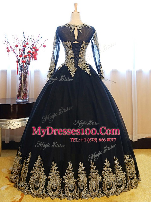 Scoop Navy Blue Sleeveless Floor Length Appliques Lace Up Ball Gown Prom Dress