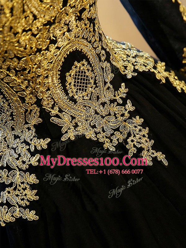 Scoop Navy Blue Sleeveless Floor Length Appliques Lace Up Ball Gown Prom Dress