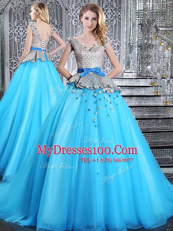 Brush Train Ball Gowns Quinceanera Dresses Baby Blue V-neck Tulle Sleeveless Lace Up