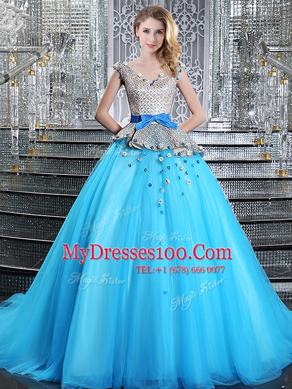 Brush Train Ball Gowns Quinceanera Dresses Baby Blue V-neck Tulle Sleeveless Lace Up