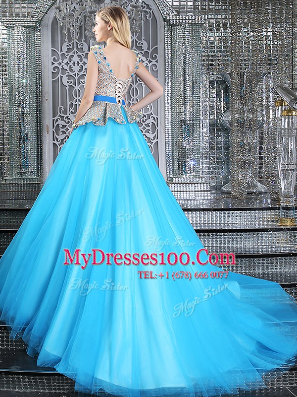 Brush Train Ball Gowns Quinceanera Dresses Baby Blue V-neck Tulle Sleeveless Lace Up