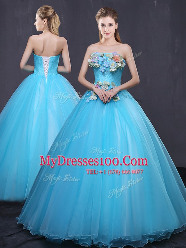 Superior Strapless Sleeveless Lace Up Quinceanera Dress Baby Blue Tulle