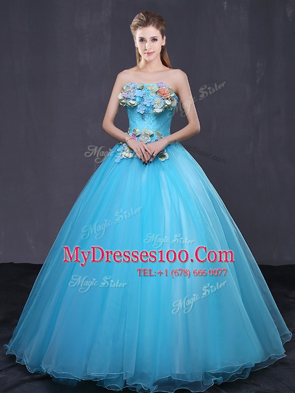 Superior Strapless Sleeveless Lace Up Quinceanera Dress Baby Blue Tulle