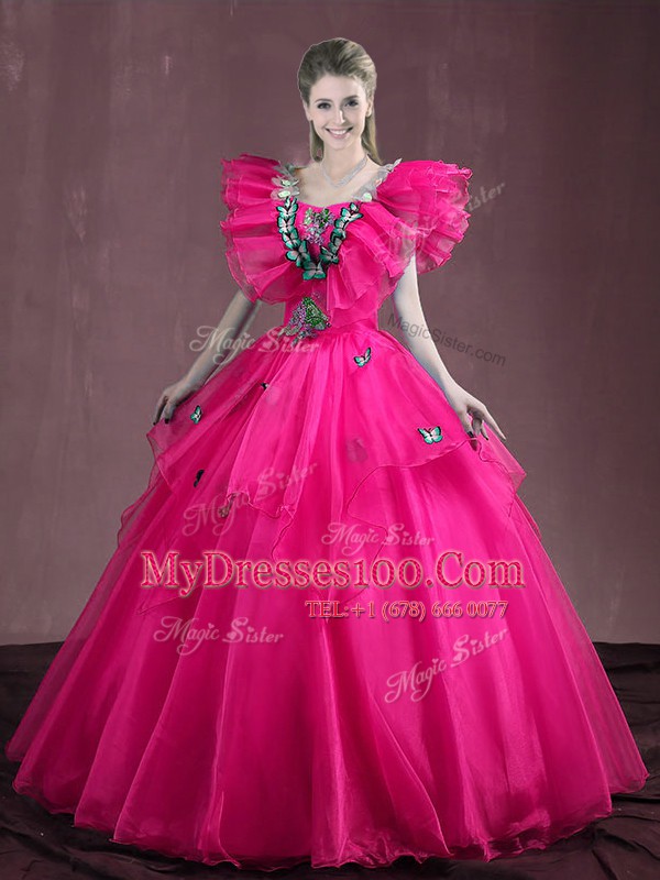 Noble Hot Pink Sleeveless Organza Lace Up 15th Birthday Dress for Military Ball and Sweet 16 and Quinceanera