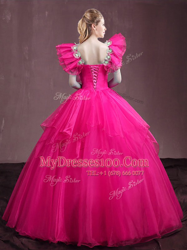 Noble Hot Pink Sleeveless Organza Lace Up 15th Birthday Dress for Military Ball and Sweet 16 and Quinceanera