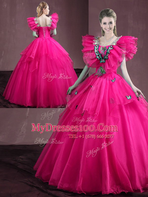 Noble Hot Pink Sleeveless Organza Lace Up 15th Birthday Dress for Military Ball and Sweet 16 and Quinceanera