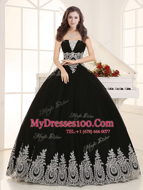 Sweetheart Sleeveless Lace Up Quince Ball Gowns Black Tulle