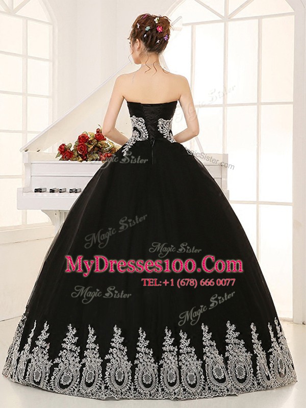 Sweetheart Sleeveless Lace Up Quince Ball Gowns Black Tulle