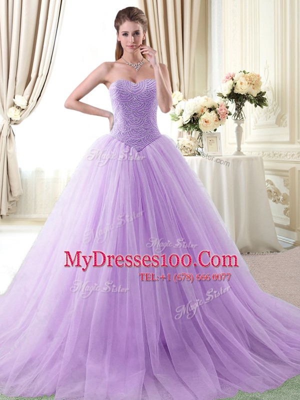 Sweetheart Sleeveless Sweet 16 Dress Floor Length Beading Lavender Tulle