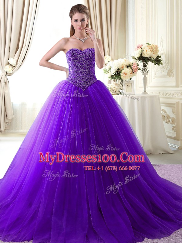Sweetheart Sleeveless Sweet 16 Dress Floor Length Beading Lavender Tulle