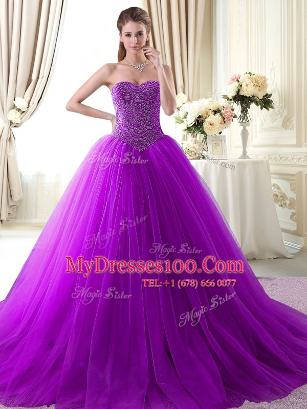 Sweetheart Sleeveless Sweet 16 Dress Floor Length Beading Lavender Tulle