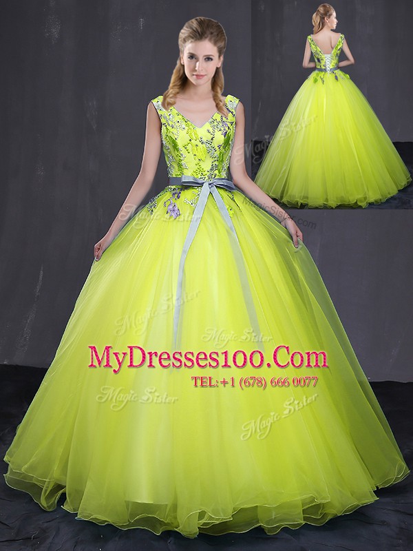 Yellow Green V-neck Neckline Appliques and Belt Sweet 16 Dresses Sleeveless Lace Up