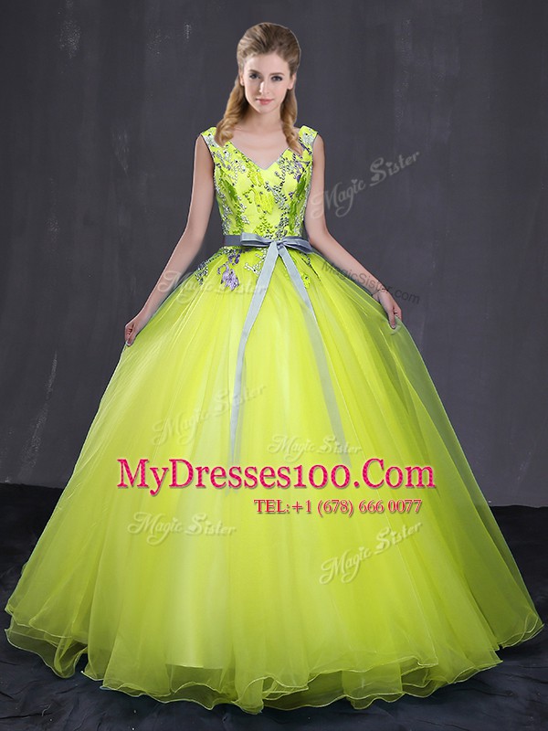 Yellow Green V-neck Neckline Appliques and Belt Sweet 16 Dresses Sleeveless Lace Up