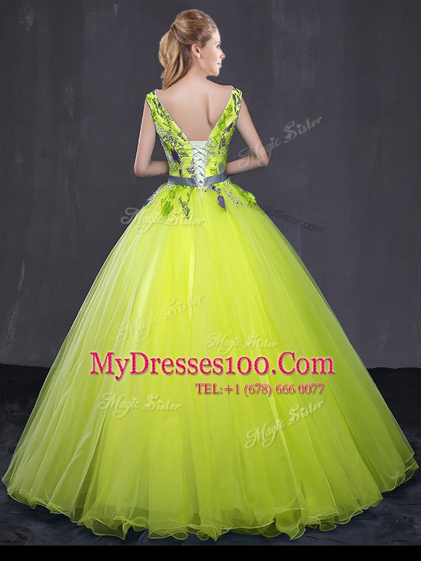 Yellow Green V-neck Neckline Appliques and Belt Sweet 16 Dresses Sleeveless Lace Up