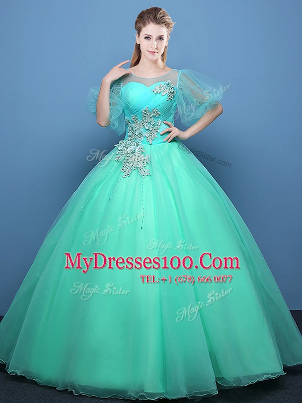Colorful Turquoise Scoop Neckline Appliques Quinceanera Gown Half Sleeves Lace Up