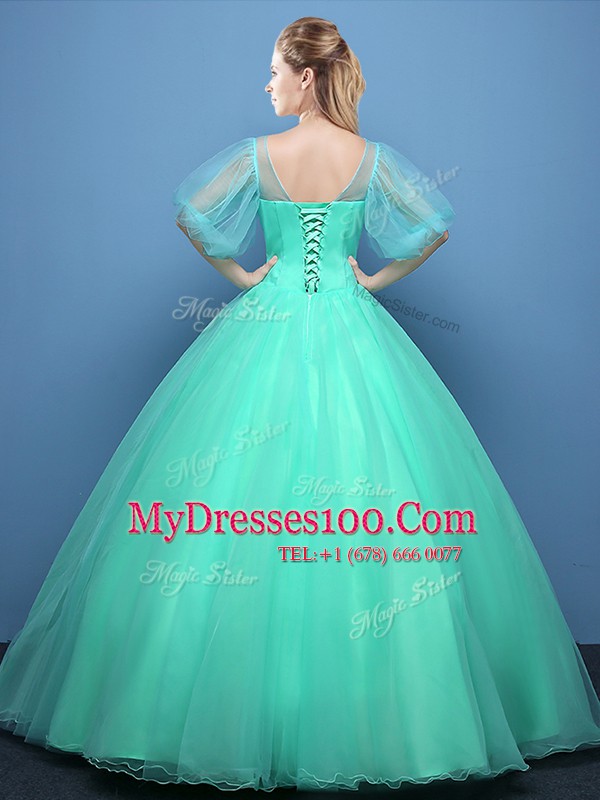 Colorful Turquoise Scoop Neckline Appliques Quinceanera Gown Half Sleeves Lace Up