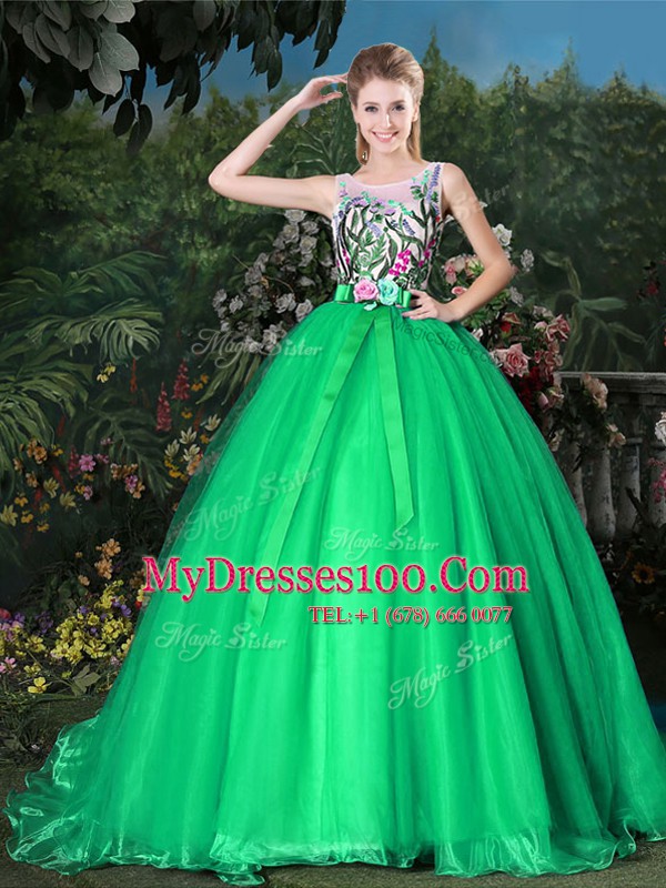 Beauteous Green Organza Zipper Scoop Sleeveless Sweet 16 Quinceanera Dress Brush Train Appliques and Belt