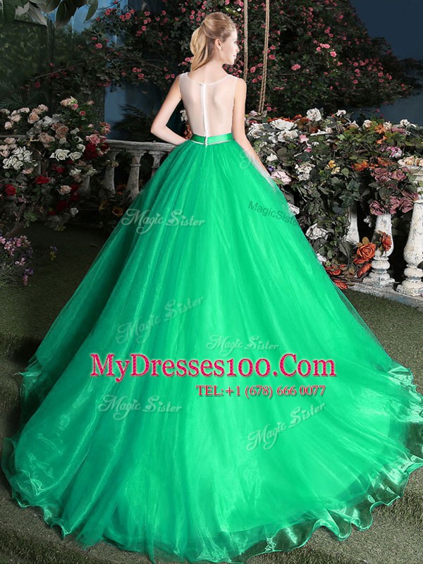 Beauteous Green Organza Zipper Scoop Sleeveless Sweet 16 Quinceanera Dress Brush Train Appliques and Belt