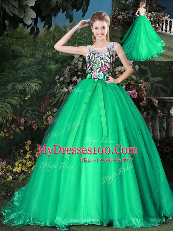 Beauteous Green Organza Zipper Scoop Sleeveless Sweet 16 Quinceanera Dress Brush Train Appliques and Belt