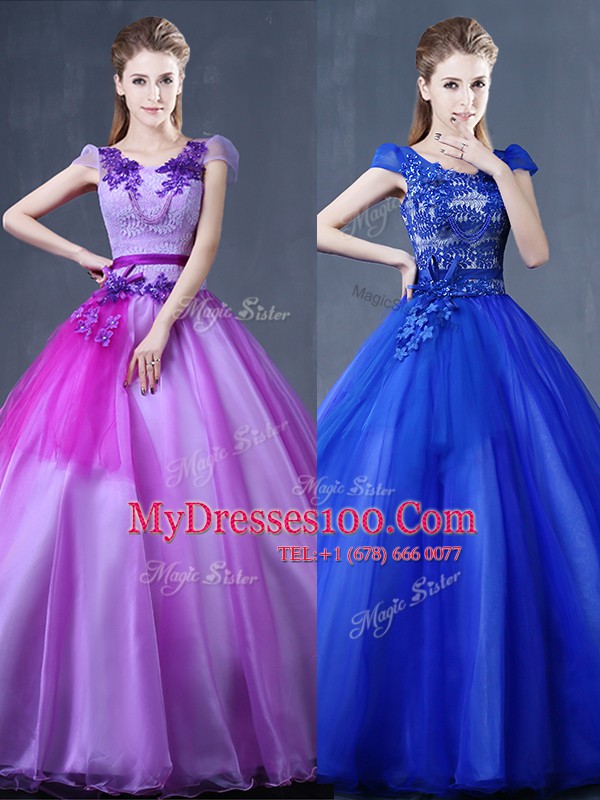 Short Sleeves Organza Floor Length Lace Up Sweet 16 Dresses in Purple with Lace and Appliques