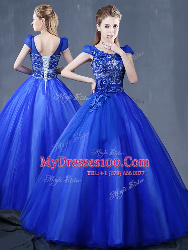 Short Sleeves Organza Floor Length Lace Up Sweet 16 Dresses in Purple with Lace and Appliques