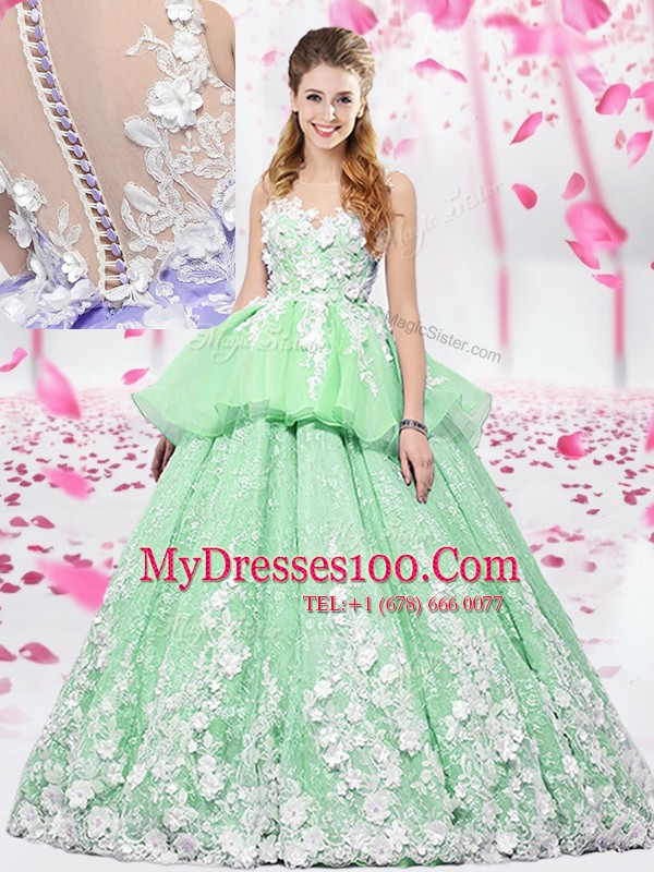 Low Price Organza and Tulle Lace Up Scoop Sleeveless Floor Length Quinceanera Dresses Lace and Appliques