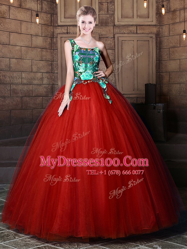 One Shoulder Sleeveless Sweet 16 Dresses Floor Length Pattern Rust Red Tulle