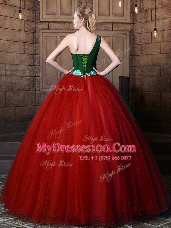 One Shoulder Sleeveless Sweet 16 Dresses Floor Length Pattern Rust Red Tulle