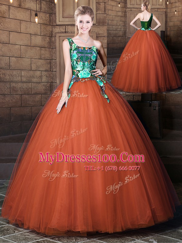 One Shoulder Sleeveless Sweet 16 Dresses Floor Length Pattern Rust Red Tulle