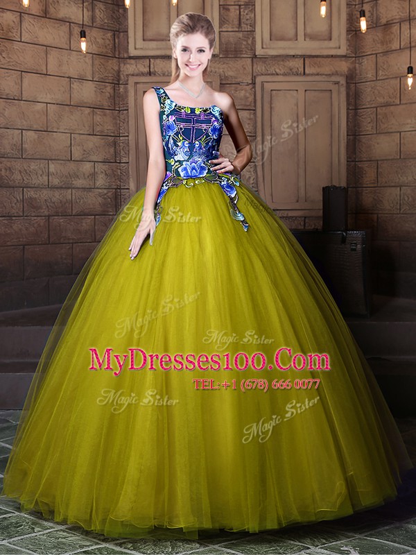 One Shoulder Sleeveless Tulle Quinceanera Gowns Pattern Lace Up
