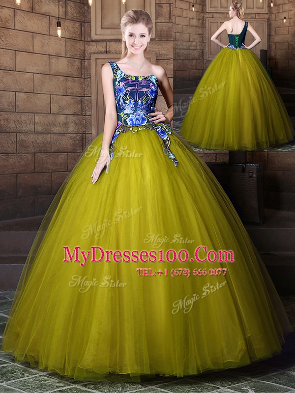 One Shoulder Sleeveless Tulle Quinceanera Gowns Pattern Lace Up