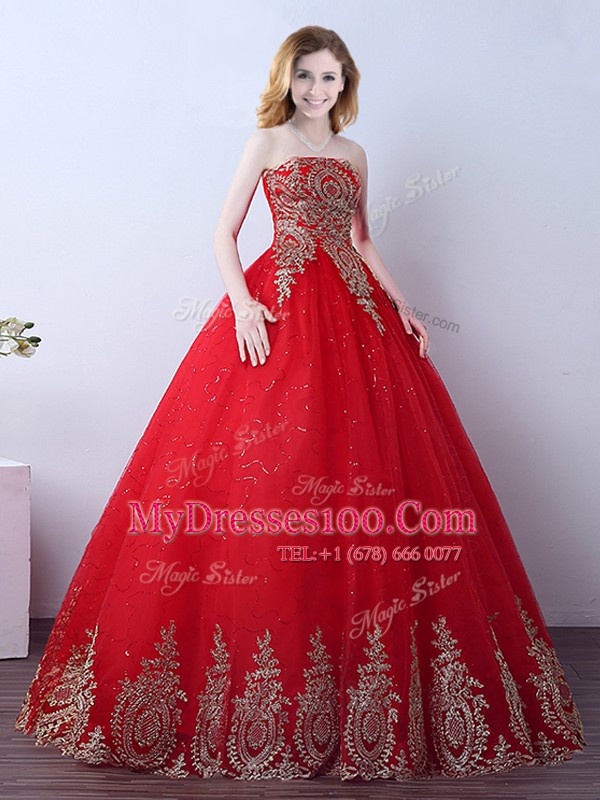 Sleeveless Tulle Floor Length Lace Up Quinceanera Dresses in Red with Appliques and Sequins